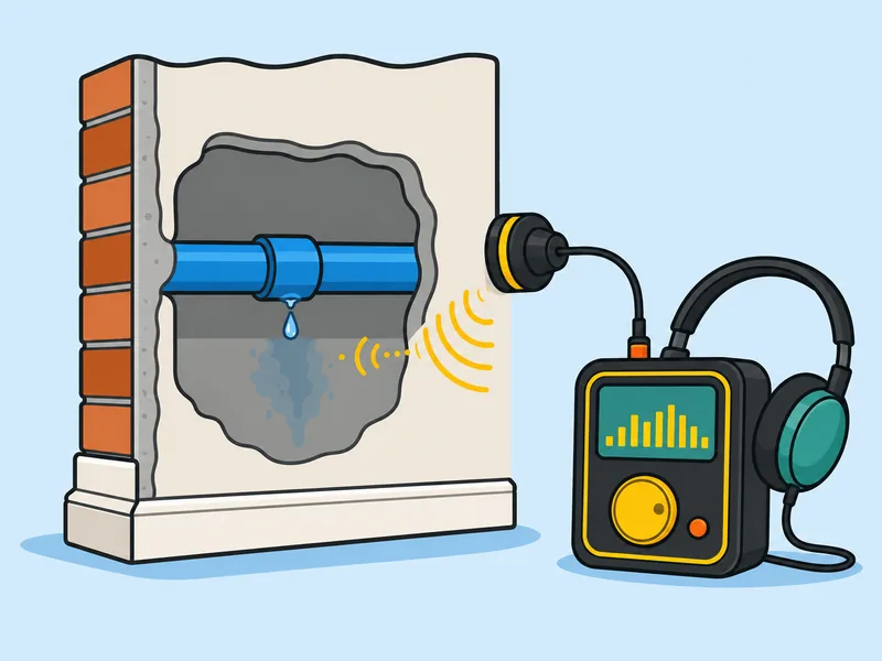 Perito com equipamento de localização apontando para parede com vazamento